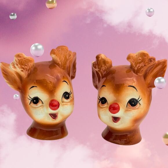 Anthropomorphic 1950s Lefton Rudolph Red Nose Reindeer Salt & Pepper Shaker Set - Picture 11 of 12